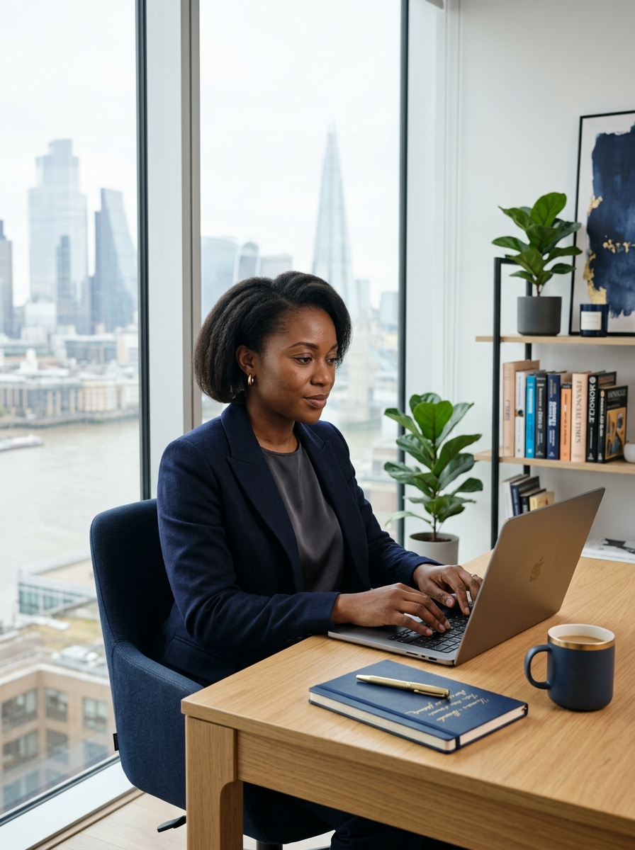 Contributor writing at a desk overlooking a city skyline