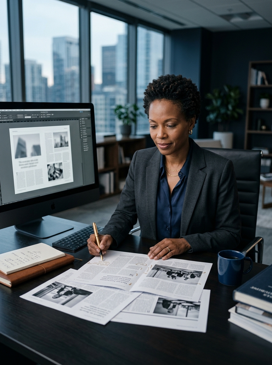 Editor reviewing printed article layouts at a desk